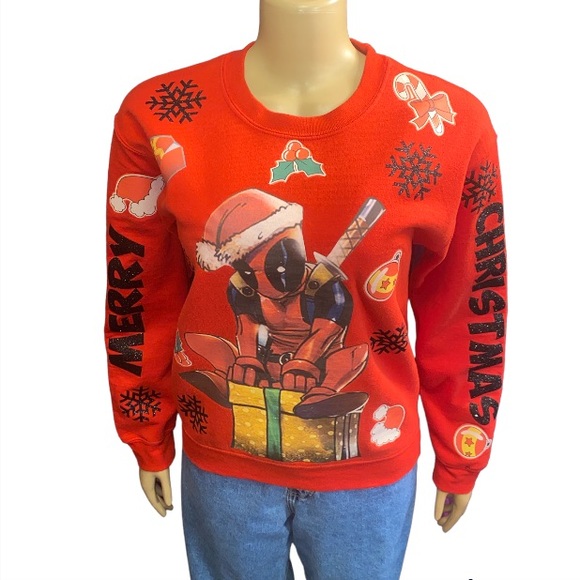 Marvel Deadpool Ugly Christmas Sweatshirt glittery Christmas spell out size S - Picture 8 of 14